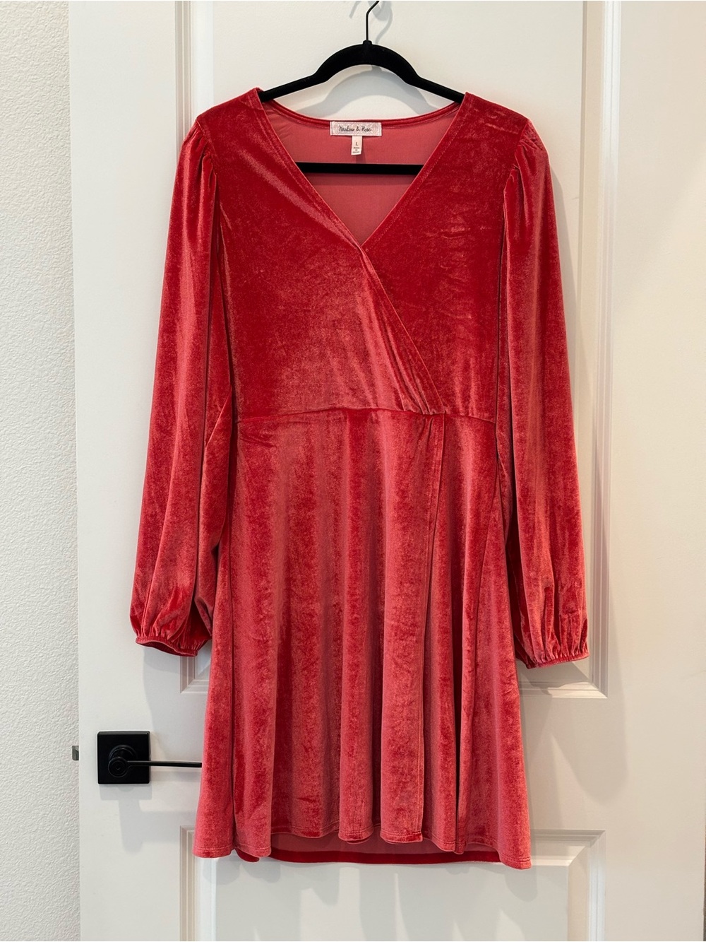 Velvet Surplice Long-Sleeve Dress in Red